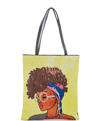 Glasses Girl Sequins Large Tote Bag A039GT-L YELLOW